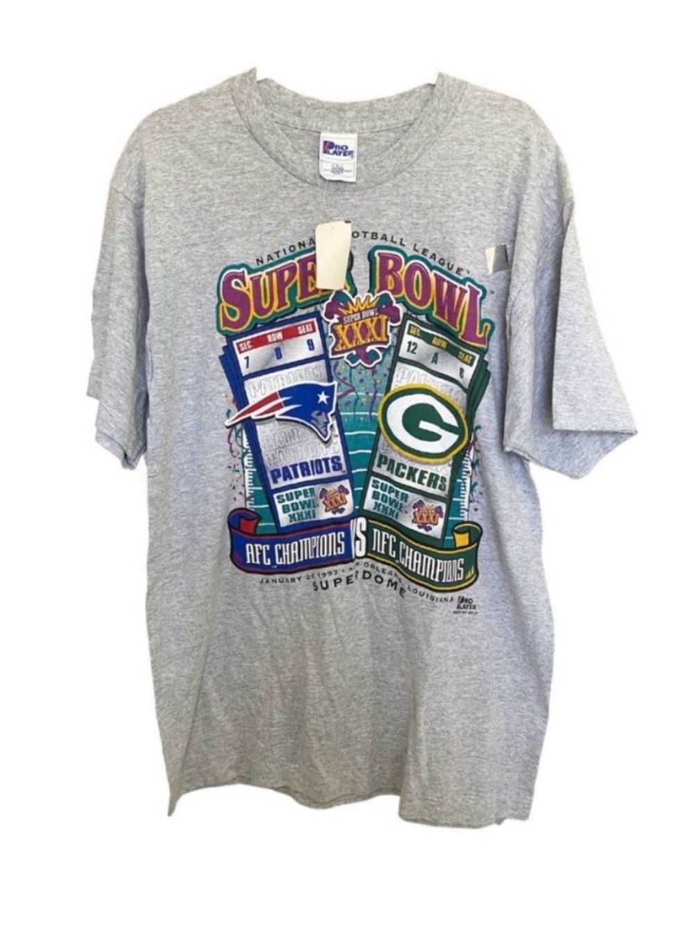 Vintage 1997 Super Bowl XXXI Patriots Packers Pro Player Tee L